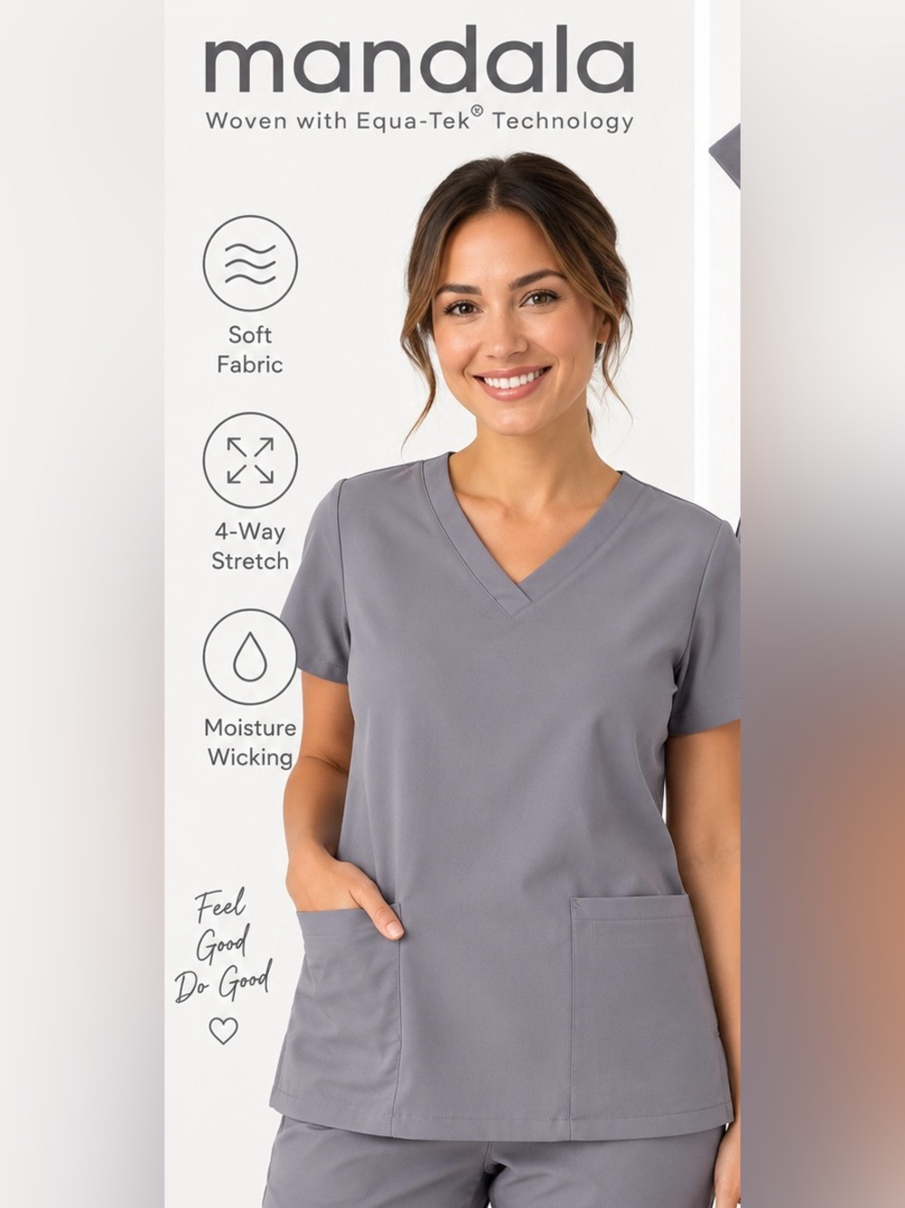 MANDALA SCRUB TOP XL LAVENDER GRAY V-NECK 2 POCKET EQUA-TEK